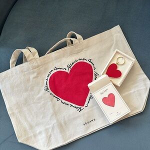 Sezane Mon Amour Heart Tote Bag with Petit Sezane heart keychain, Postcards